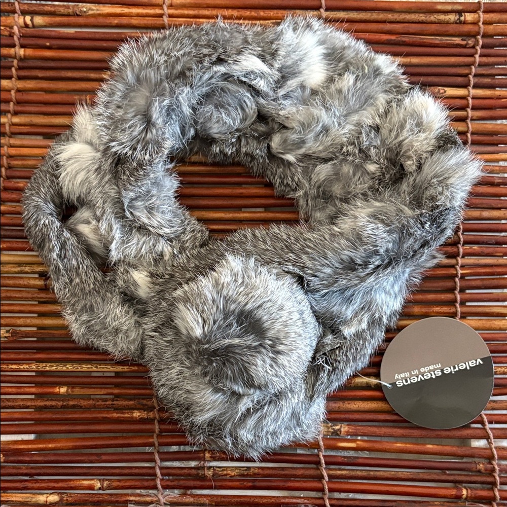 Valerie Stevens Gray 100% Rabbit Fur Scarf Collar Wrap 26” NWT